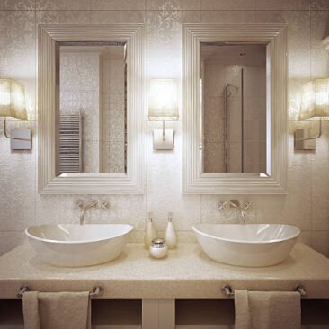 A modern bathroom with two sinks console in white and beige. 3d render.
