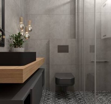 3D interior design of a modern industrial style bathroom